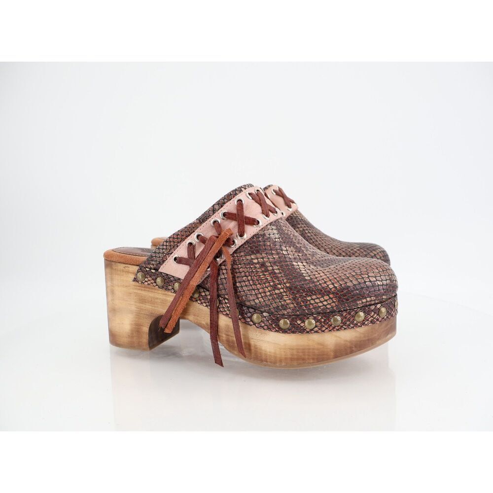 Freebird by Steven Woodstock Clog Size 10 Wooden Chunky Boho Pink Brown